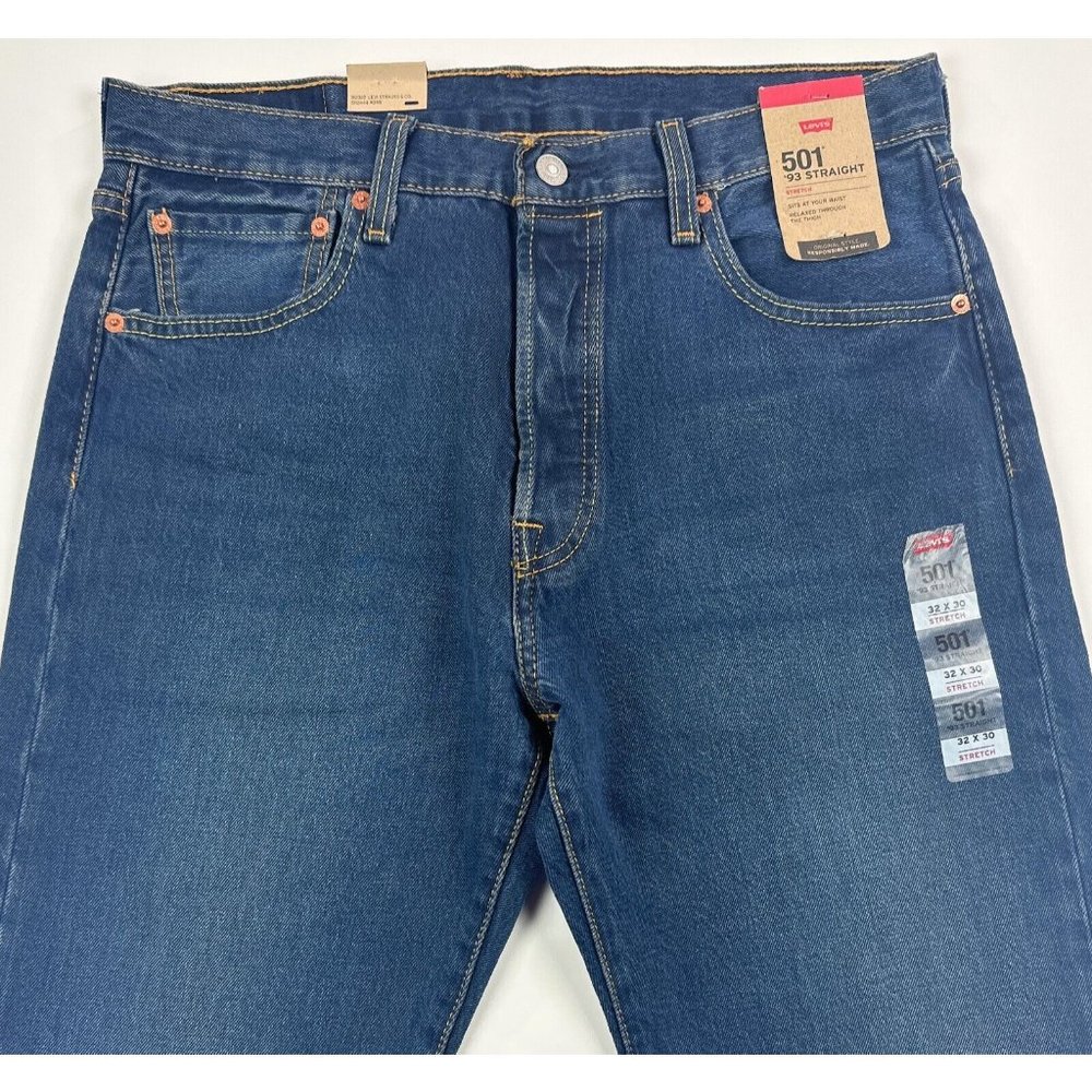 Levis 501 93 Mens 32x30 Straight Leg Dark Blue Jeans Button Fly Stretch Red Tab - Picture 3 of 11